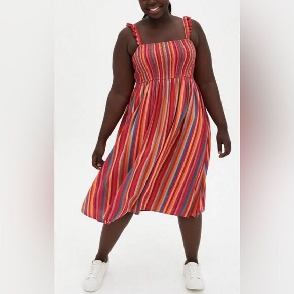Torrid- Midi Pink multicolored Striped Sun Dress- Size M 8-10 - Picture 1 of 11